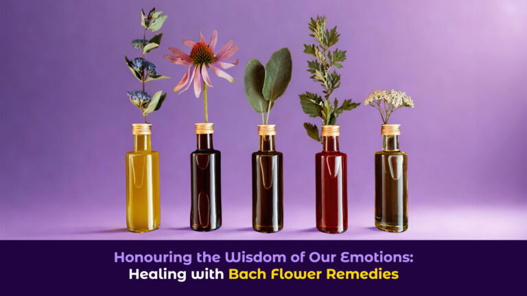 A picture of small flowers in little bottles with the title "Honouring the Wisdom of Our Emotions: Healing with Bach Flower Remedies"